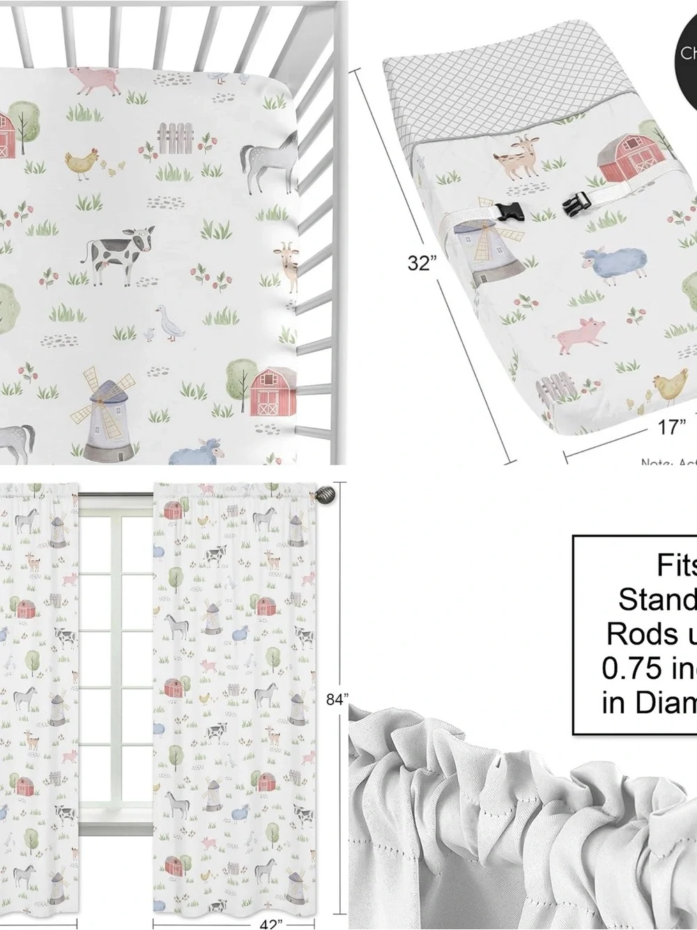 Sweet Jojo designs watercolor farm animal bedroom set with curtains
